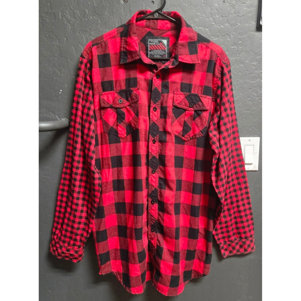 Bleecker Mercer Mens Large Red Black Buffalo Plaid Side Zip Flannel Shirt Grunge